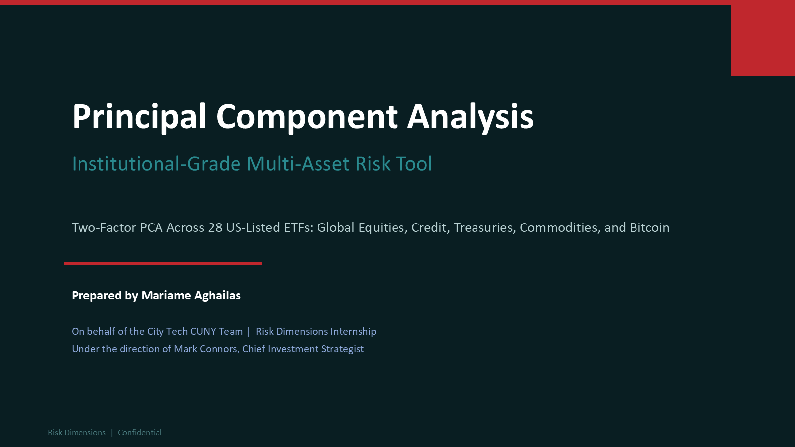 Principal Component Analysis: Institutional-Grade Multi-Asset Risk Tool, a two-factor PCA across 28 US-listed ETFs, prepared by the City Tech CUNY team